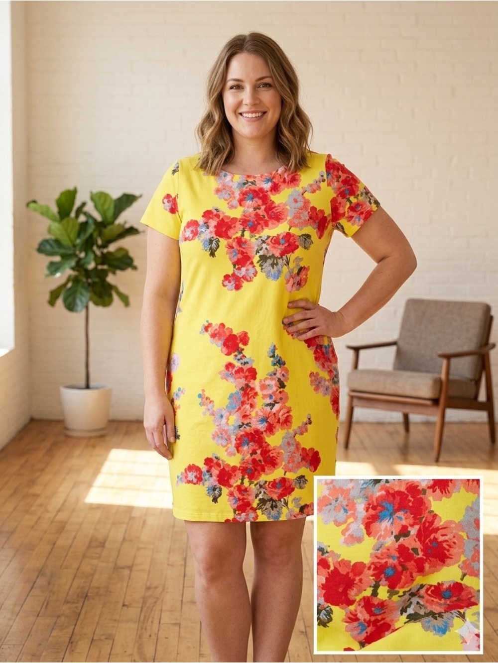 Joules Yellow Midi Dress with Red & Pink Floral Print